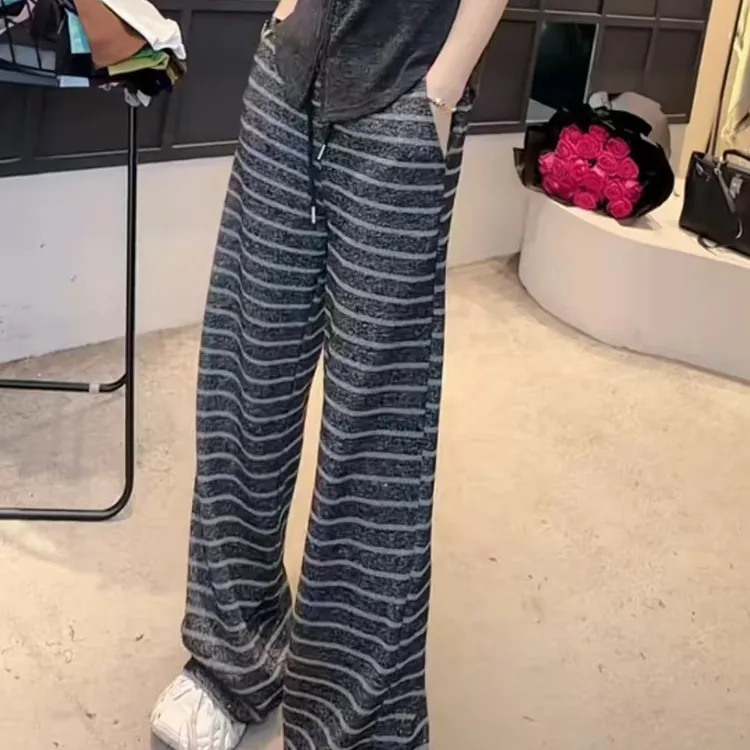 网红爆款2025秋季新款条纹长裤显瘦显高时尚洋气百搭直筒裤女