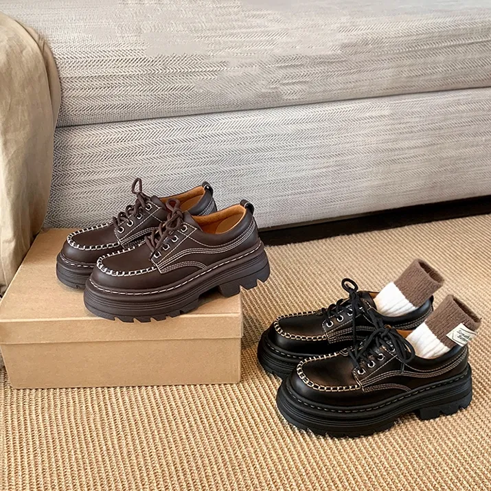 牛皮版~柏林小马丁~6cm英伦手工缝线厚底粗跟小皮鞋女乐福单鞋