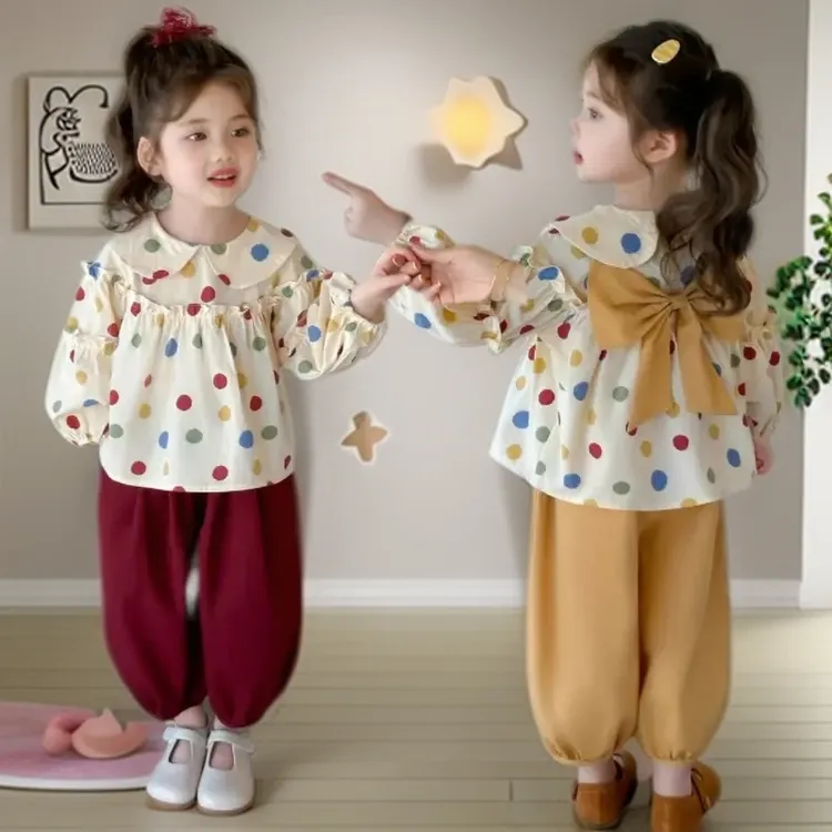 DP女童套装2025秋装新款洋气时髦爆款儿童波点娃娃衫休闲裤两件套