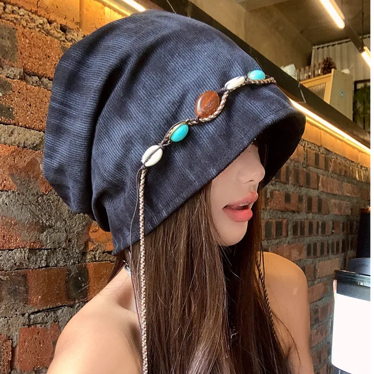 2025新款秋冬季波西米亚扎染包头帽无檐流苏堆堆帽子冷帽女民族风