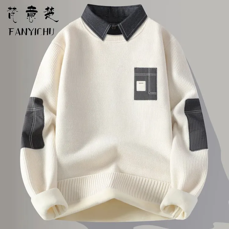 一体绒毛衣男秋冬季潮牌青年拼色假两件休闲保暖衬衫毛衣男款冬季