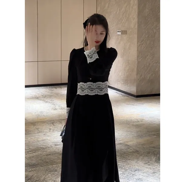 出席重要场合的生日裙子秋季大方得体绝美赫本风长袖黑色连衣裙女