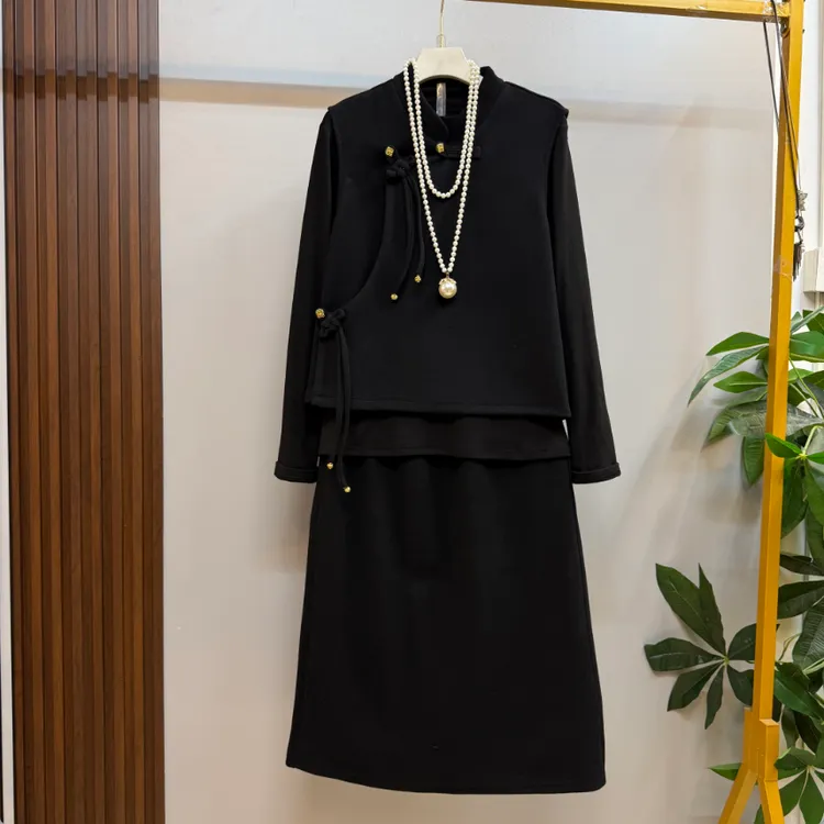 新款大码女装欧货气质复古新中式马甲十打底衫十半身裙三件套套装