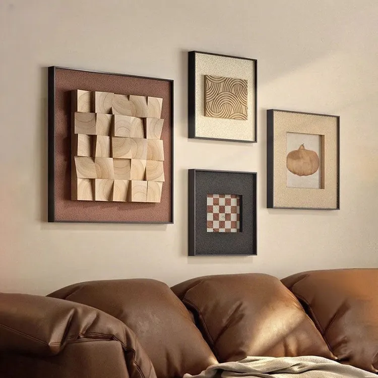 法式实木立体木块装饰画客厅四联复古墙画沙发背景抽象艺术砂岩画