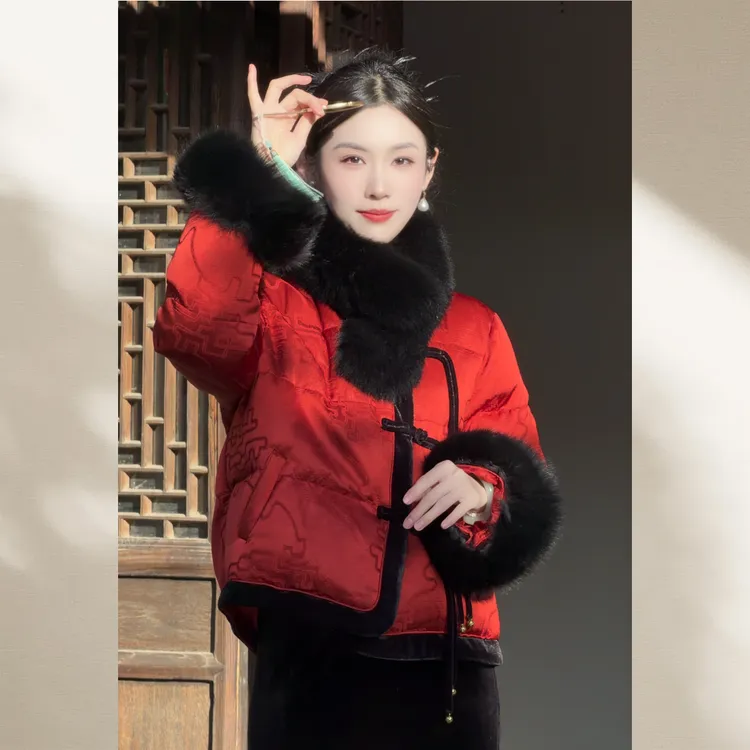 【柿柿如意】100%人丝面料新中式国风加厚保暖狐狸毛袖女士羽绒服