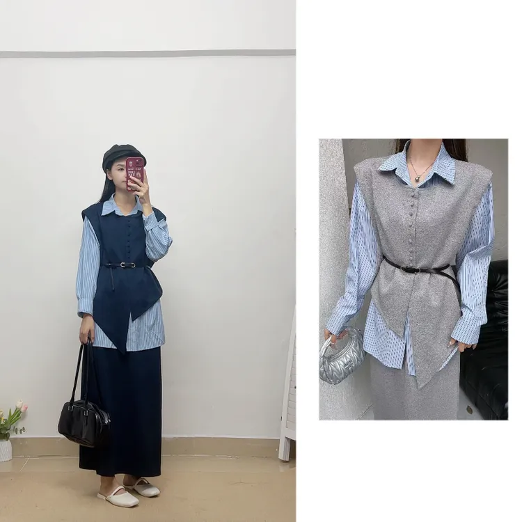 韩系时尚马甲三件套女新款高级感气质条纹长袖衬衫半身裙显瘦穿搭