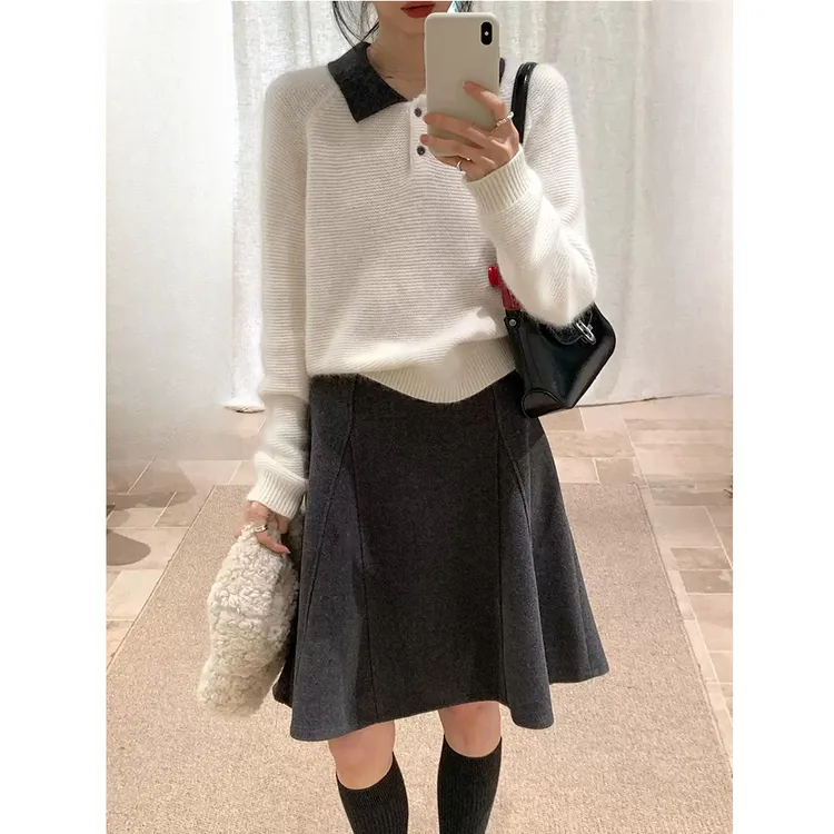 时尚高腰显瘦毛呢半身裙秋冬新款韩版气质百搭简约纯色A字中长裙