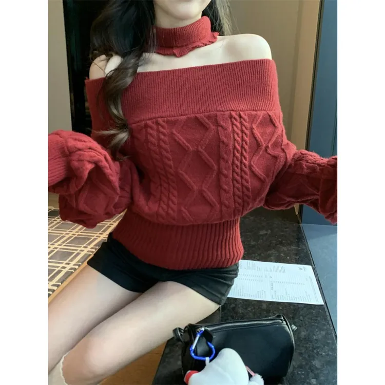 【配脖套】麻花一字肩露肩针织衫女秋冬韩系氛围感红色毛衣上衣