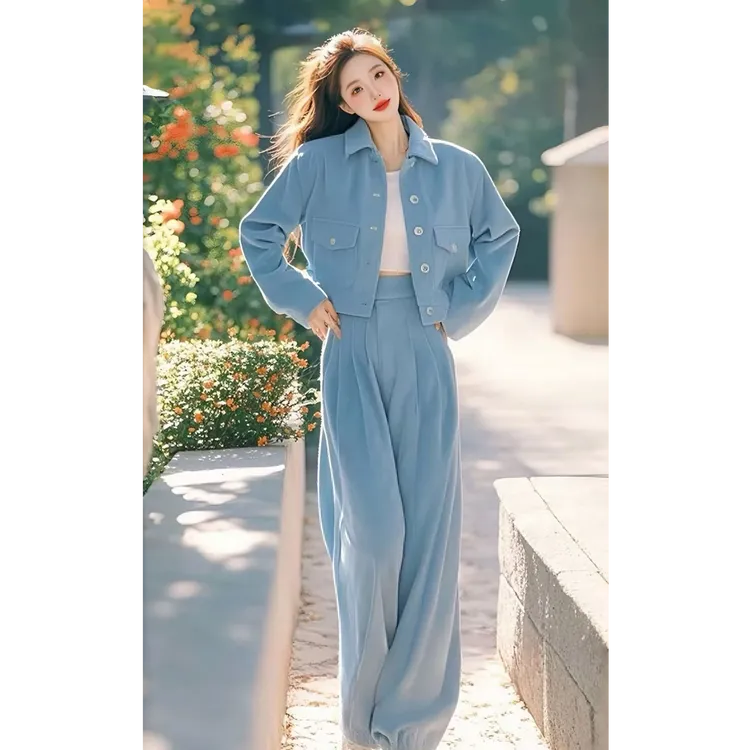 春季减龄一整套ootd穿搭天蓝色灯芯绒休闲超好看韩系chic别致套装