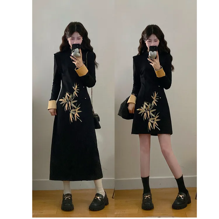 大码女装新中式国风古法刺绣收腰显瘦胖MM气质感旗袍连衣裙3525