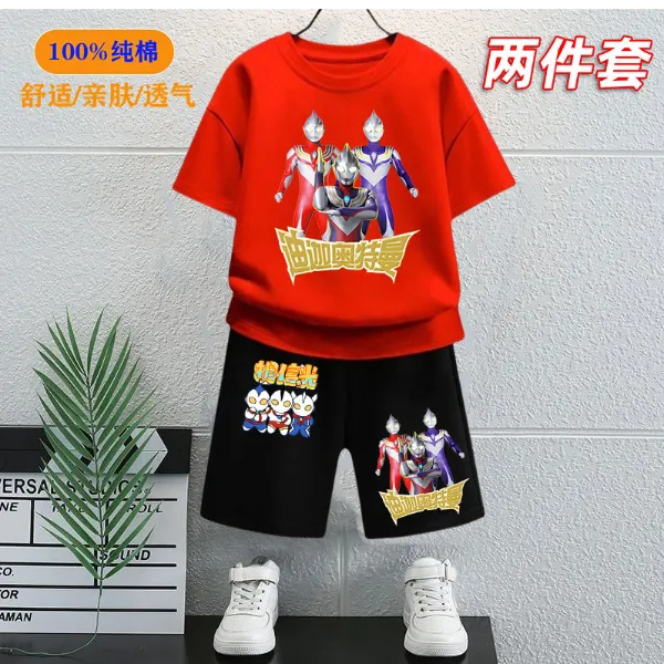 奥特曼男童纯棉短袖短裤套装2025夏季中小童T恤五分裤儿童两件套3