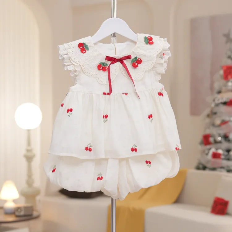 【樱桃】夏季蝴蝶结女童套装薄款小童洋气套头女宝碎花上衣SA3137