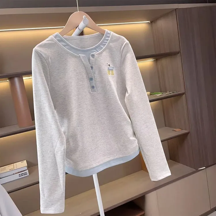 女童长袖打底衫2025新款春秋款中大童假两件拼接卫衣T恤百搭刺绣9