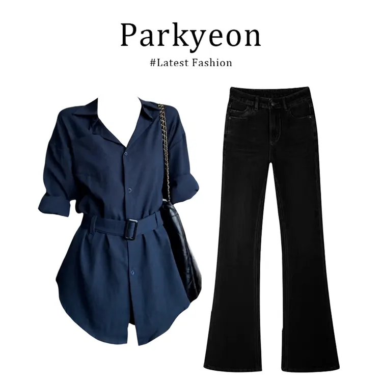 parkyeon时尚干练气质通勤风穿搭休闲衬衫上衣修身微喇叭长裤套装
