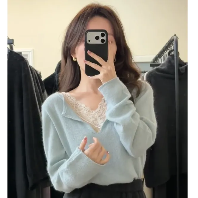大码法式v领蕾丝假两件针织衫毛衣女秋冬保暖内搭打底衫蓝色上衣