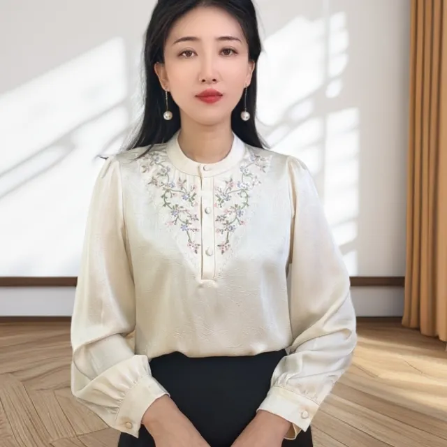 百搭长袖重工刺绣套头衬衫女时尚气质中国风提花宽松衬衣秋季新款