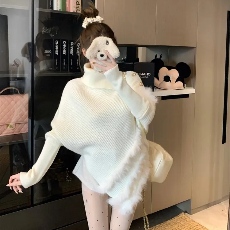 气质千金感高领不规则慵懒风针织衫秋冬款氛围感软糯毛毛拼接毛衣