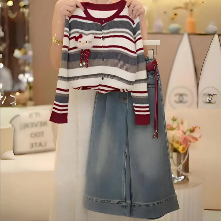 女童套装2025新款秋装洋气时髦儿童针织开衫毛衣女孩牛仔裤两件套