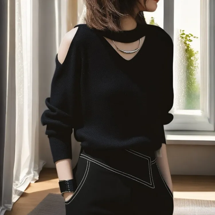 独特漂亮的黑色镂空长袖针织衫女早秋设计感绝美巨好看的露肩上衣