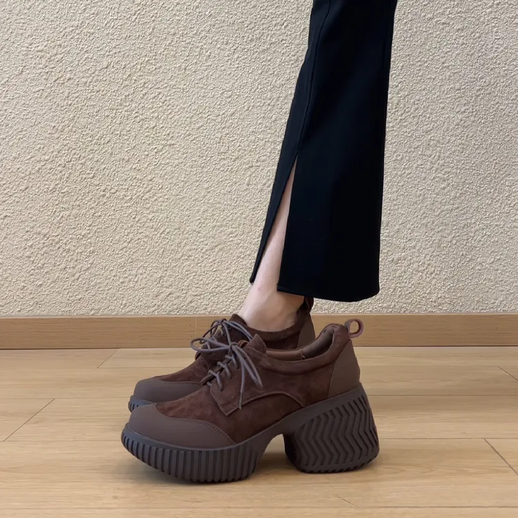 7.5cm复古小个子厚底圆头系带乐福鞋磨砂拼接通勤百搭深口单鞋女