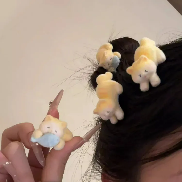 可爱小猫吃鱼发夹植绒可爱少女侧边夹刘海夹鸭嘴夹子卡通发饰发卡