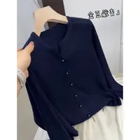 3426【金豆藏青剪刀领开衫】秋季新品抽条针织衫百搭女士上衣