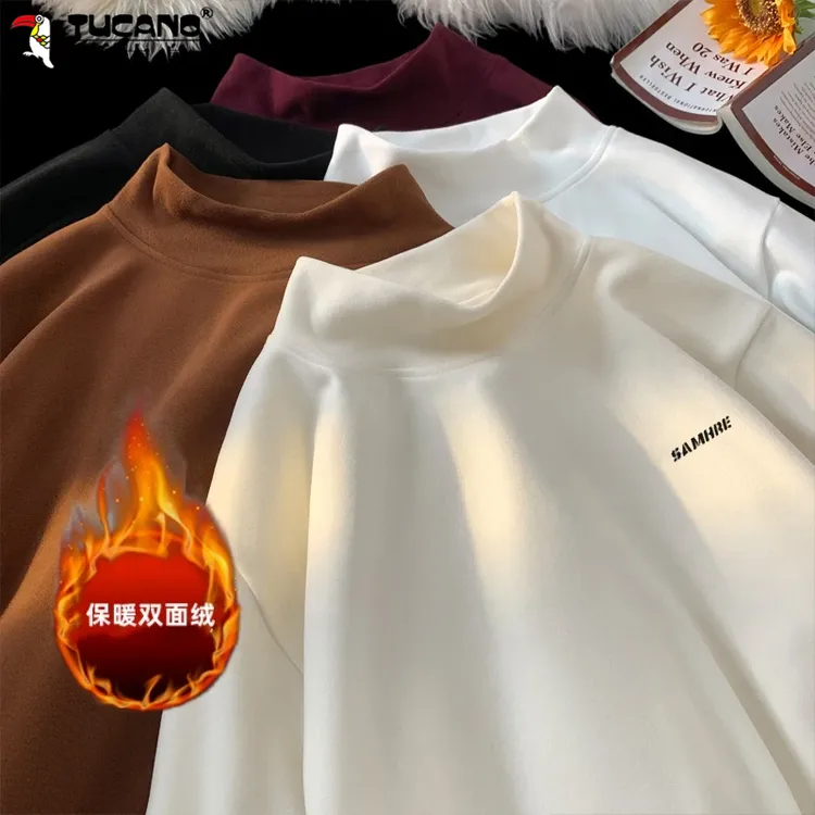 啄木鸟青少年冬季双面绒半高领长袖T恤宽松潮流秋冬卫衣保暖内搭