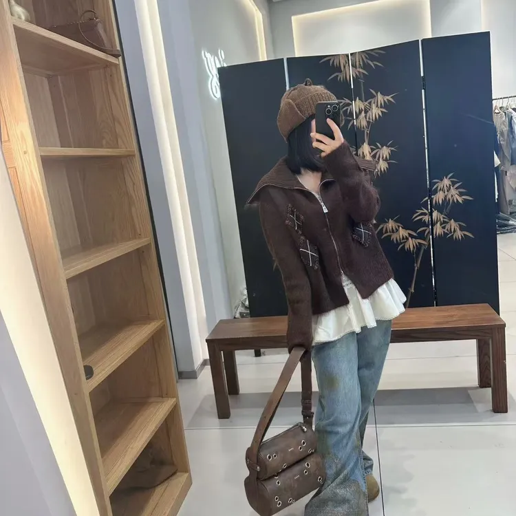 ICEDUST 手工菱格双拉链 毛衣外套女25FW冬季新款马海毛针织衫