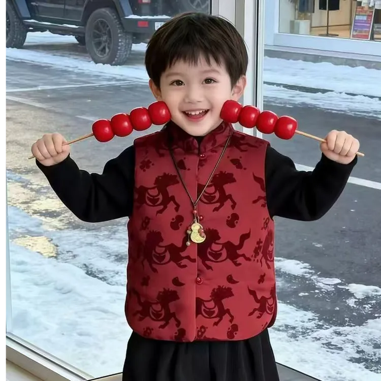 男童新中式红色马甲冬拜年服儿童国风汉服夹棉背心男宝抓周宴礼服
