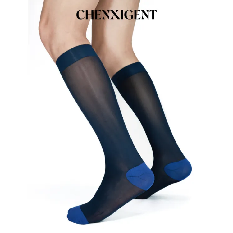 CHENXIGENT男士正装素面藏青色兰趾带脚跟商务中筒锦纶丝袜