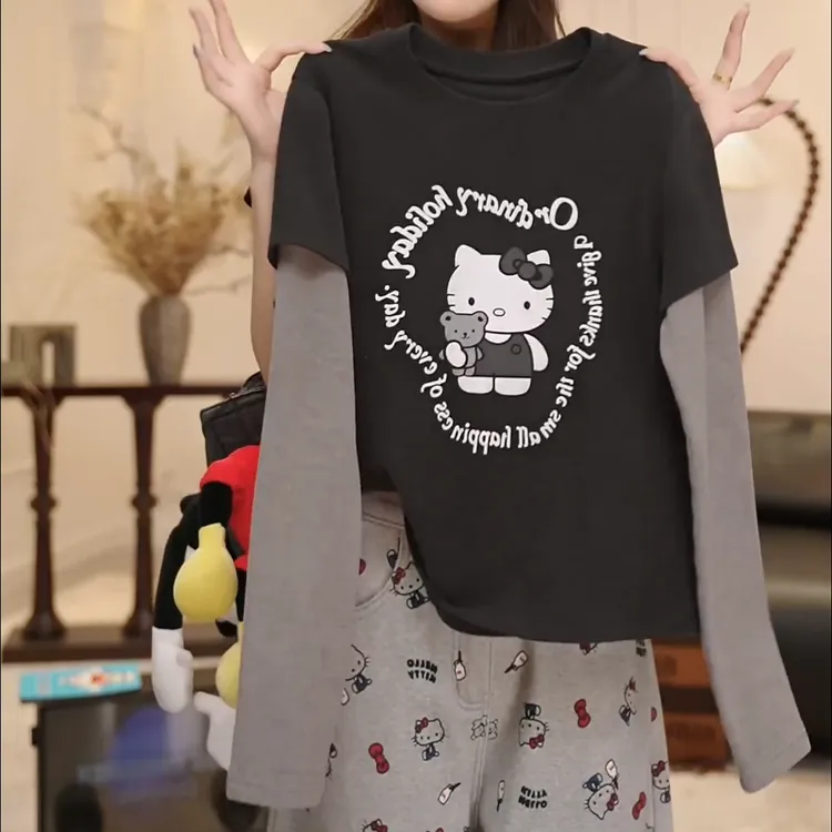 【小熊凯蒂】秋冬小众设计款假两件修身显瘦T恤LK2509282