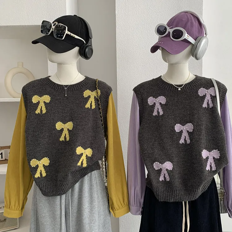 新款假两件撞色蝴蝶结长袖毛衣秋冬设计感小众别致显瘦内搭针织衫