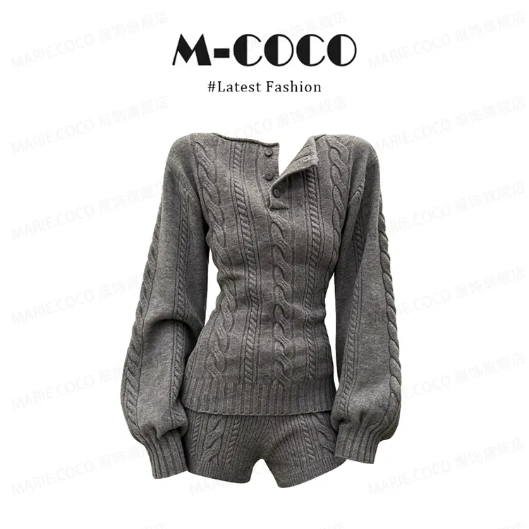 INS CEC慵懒风灰色亨利领针织麻花上衣时尚短裤冬季针织套装穿搭