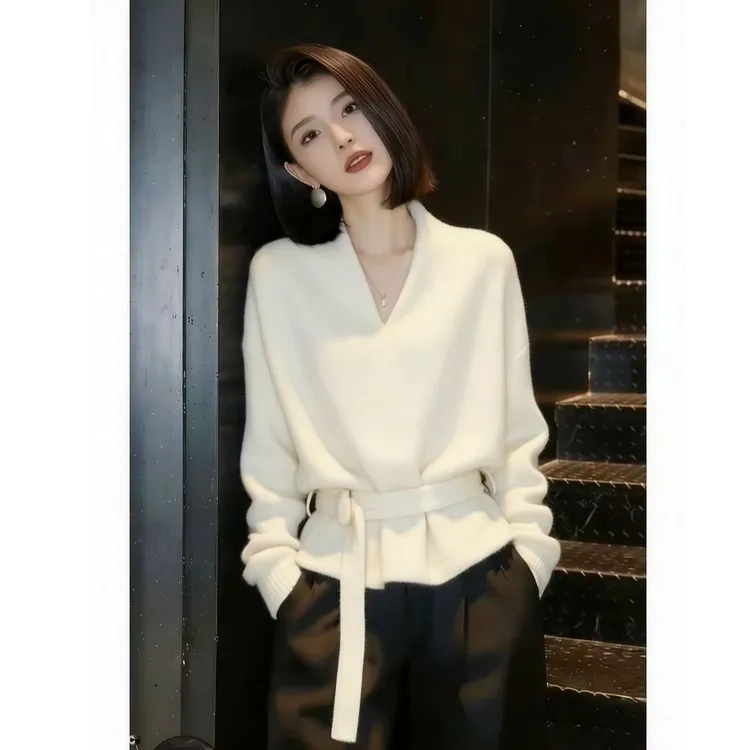 Z602优雅风V领收腰毛衣百搭秋冬女款秋高端小资气质名媛针织上衣