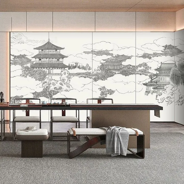 8D新中式古典建筑阁楼背景墙纸饭店会所包间壁画茶室书房壁纸墙布