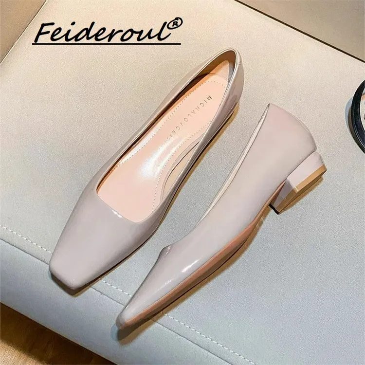 Feideroul方头平底单鞋2025新浅口漆皮百搭通勤职业低跟工作鞋
