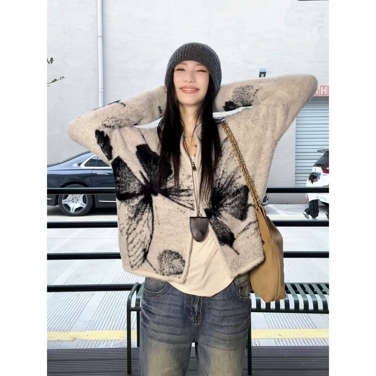 HUOHUO美式复古提花蝴蝶毛衣女设计感秋冬拉链针织开衫外套HY032