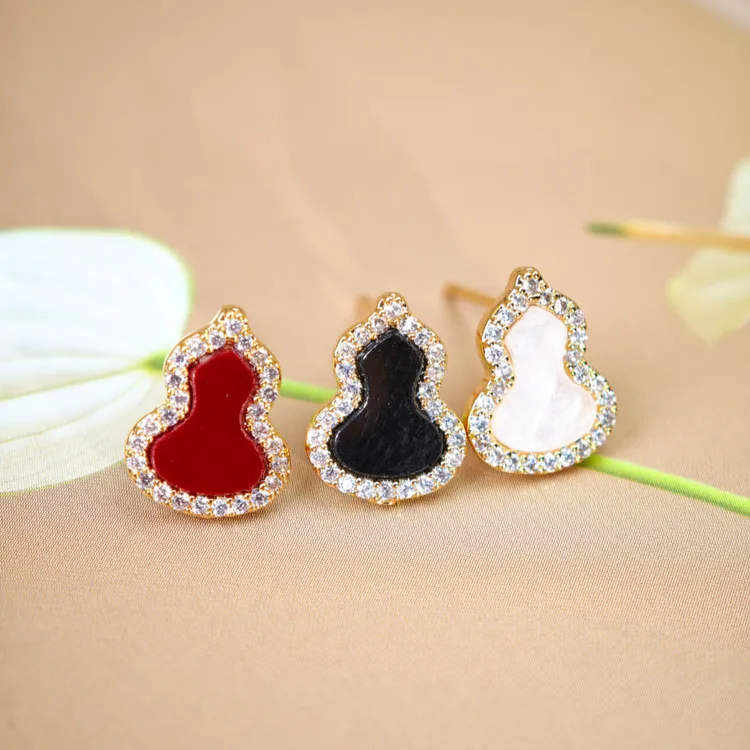 铜合金锆石耳饰 新中式国潮葫芦轻奢耳钉小众女设计时尚锆石耳饰