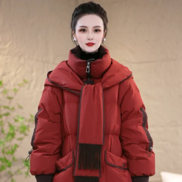 冬季设计感围巾连帽优雅百搭白鸭绒羽绒服M-XL