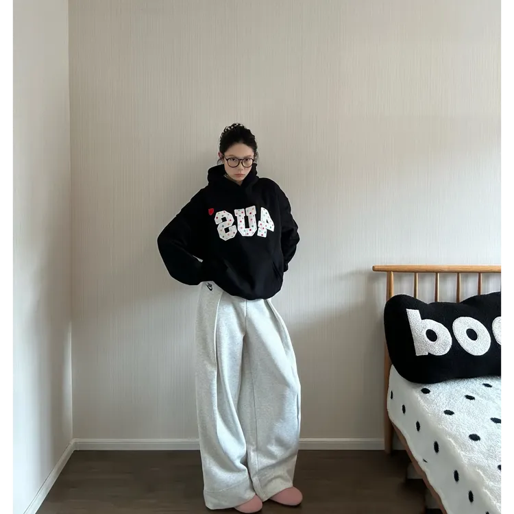 秋冬季彩色爱心波点印花卫衣情侣款宽松上衣连帽衫