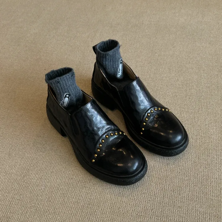 羊皮版！复古厚底小皮鞋女2025新款英伦风一脚蹬深口铆钉乐福鞋