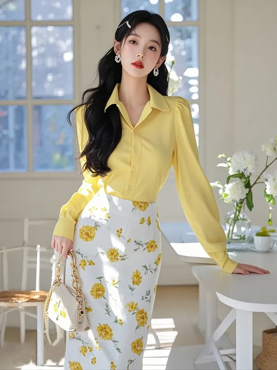 春夏韩系穿搭一整套女高级感独特漂亮气质黄色衬衫半身裙两件套装