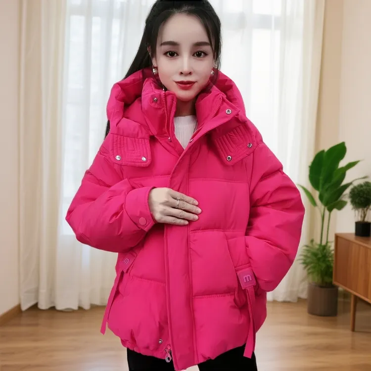 冬季大棉新款时尚保暖厚外套棉服女纯色连帽休闲女士加厚短款上衣