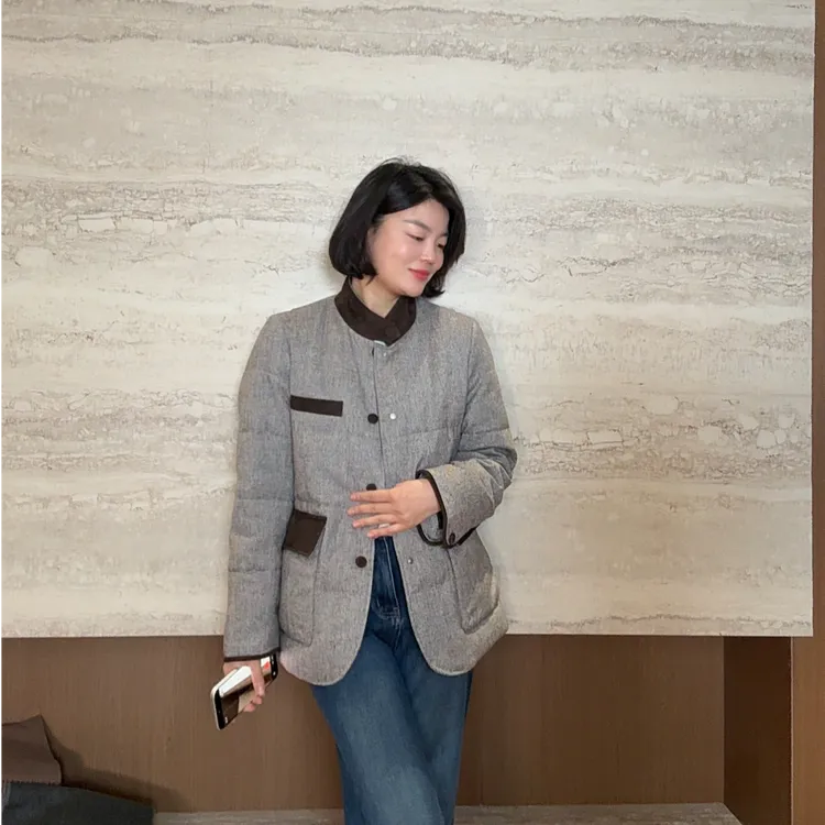 TANTAN大牌时尚灰拼色羊皮95鹅绒服4202