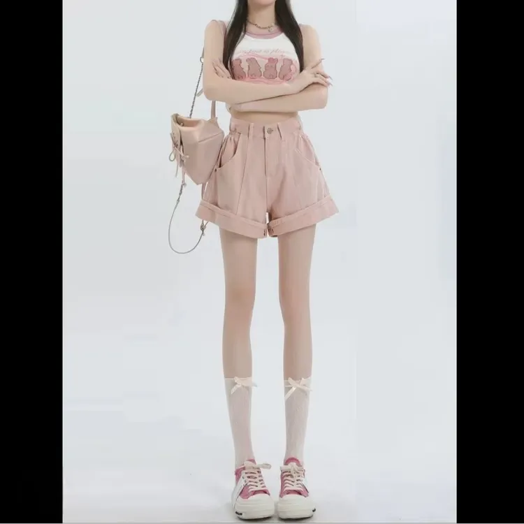 846【裤长39】 夏新款设计感卷边牛仔短裤女小个子高腰宽松阔腿裤