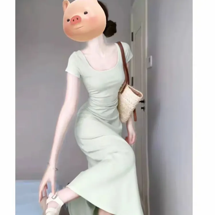 xx/W021 0709-1【Yy】高腰U领连衣裙夏季收腰公主风气质通勤长裙女