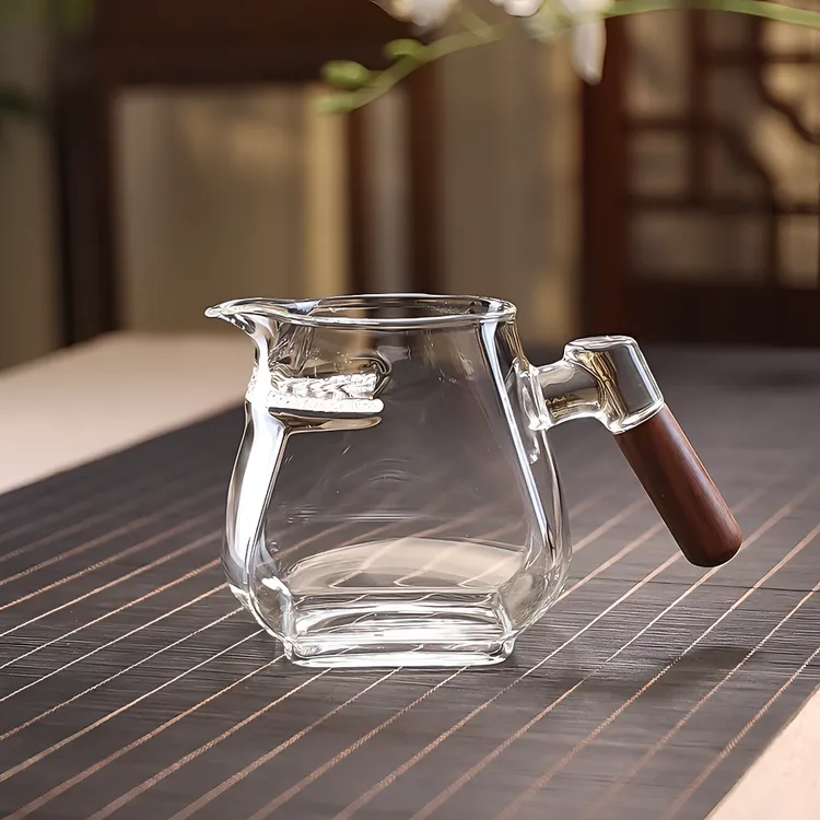 茶水分离耐热玻璃茶壶（600ml）四方月牙胡桃木把公道杯功夫茶具