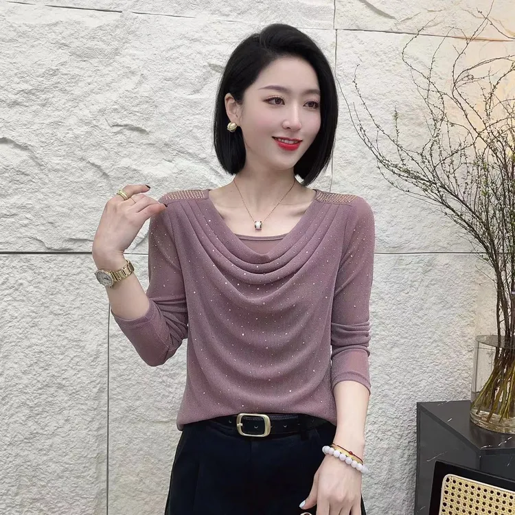 【韩紫朵 】2025春款新品堆堆领烫钻洋气小衫女上衣1827
