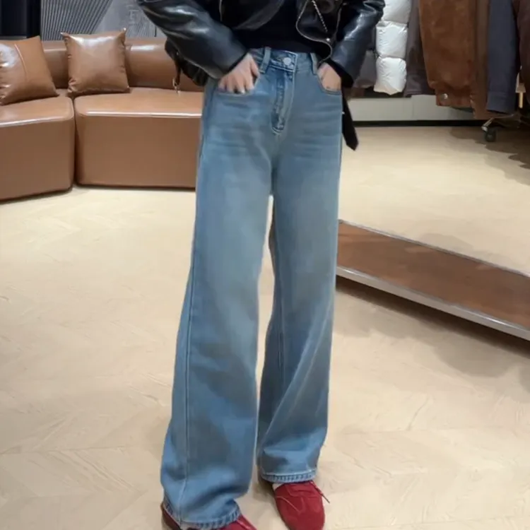 秋冬显瘦高腰浅蓝色加厚加绒直筒牛仔裤韩版爱心裤子LK2509136