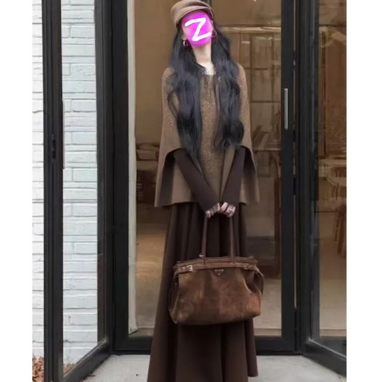 大码胖MM时尚套装设计师中长款时尚斗篷复古轻奢百搭显瘦长裙
